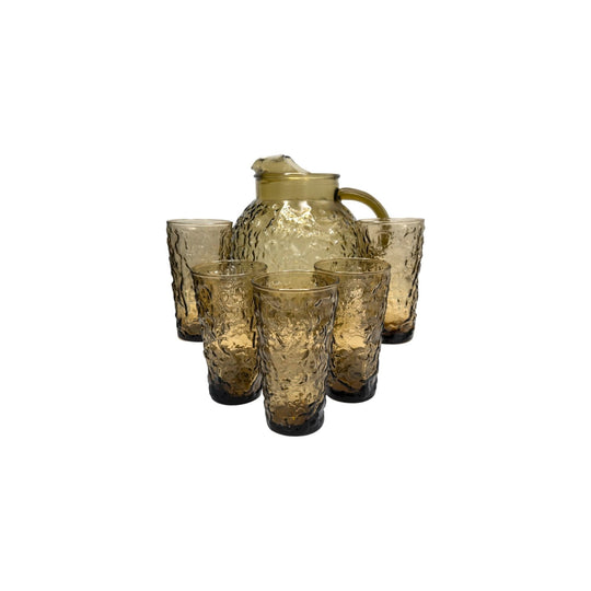 Vintage Anchor HockingLido Milano Smoke Brown Ball Pitcher and Glasses