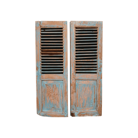 VINTAGE Balinese Cream & Aqua Green Louvre Window Shutters