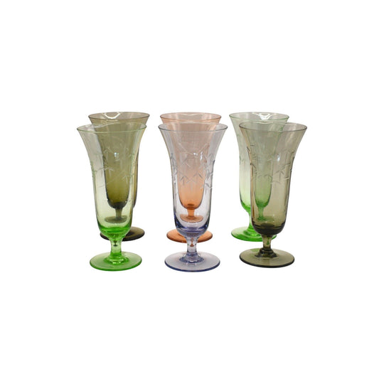 Vintage Blown Glass Ice Tea / Cocktail / Champagne Glasses with Bamboo etched Mofits. Set of 6