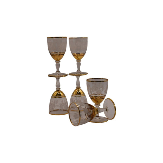 Vintage Bohemian Crystal Gold trimmed etched sherry glasses. Set of 6