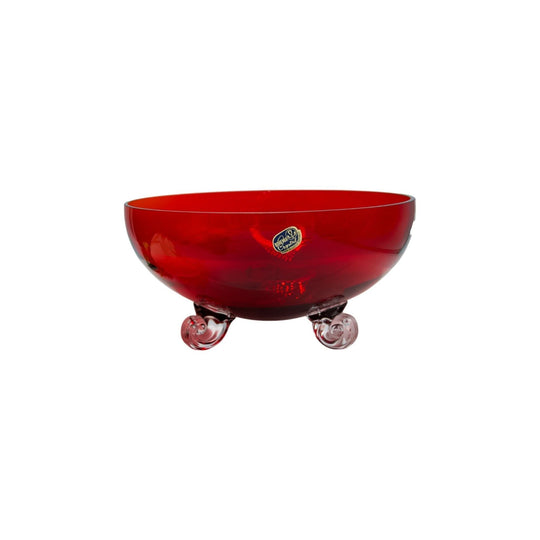 Vintage Bohemian Red Ruby Crystal Bowl with Swirled Clear Feet