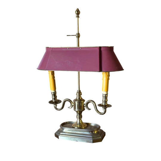 Vintage Bouillotte-Style Two-Light Table Lamp with Adjustable Burgundy Tole Shade and Scrolled Brass Arms