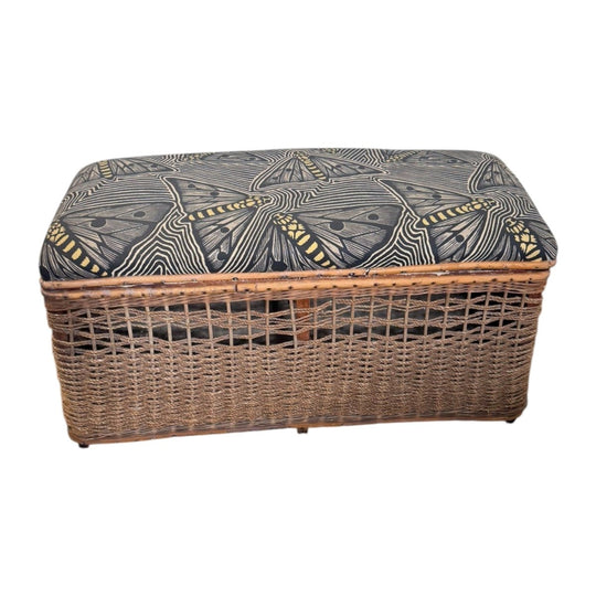 Vintage Cane Storage Ottoman Bench Upholstered Wicker Blanket Box Seat