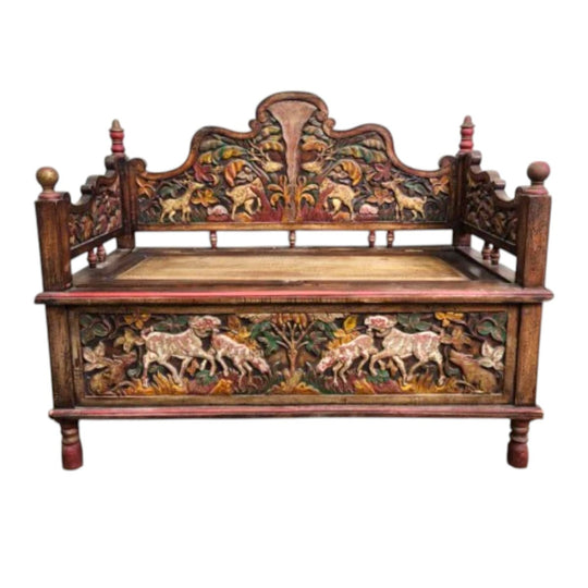 Vintage Carved Teak Storage Bench Seat