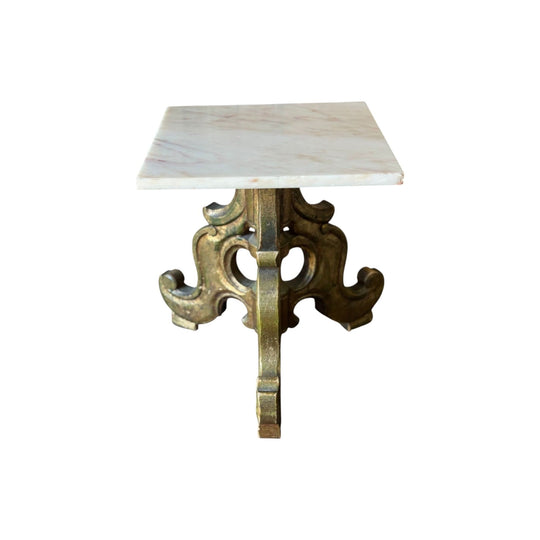 Vintage Carved Timber Side Table with Marble Top