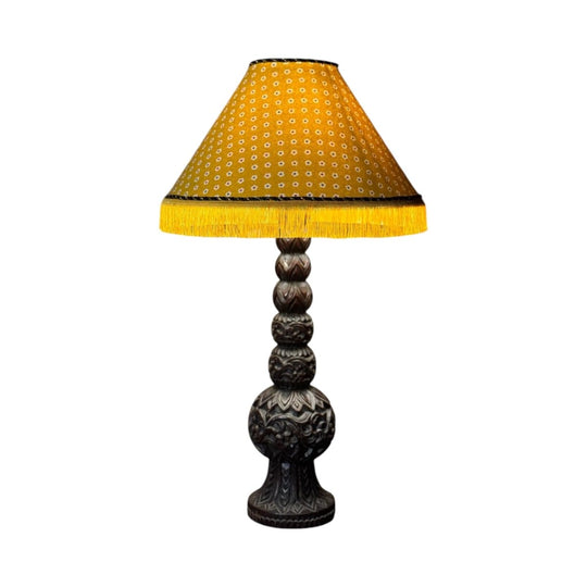 Vintage Carved Timber Table Lamp with Yellow Tasselled Block Print Shade
