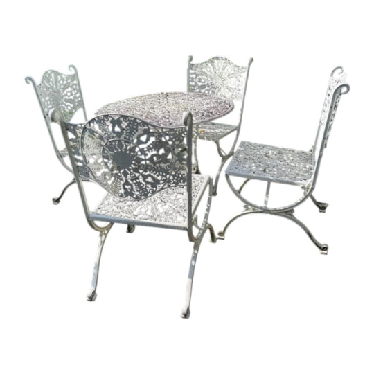 Vintage Cast Aluminium Outdoor Dining Set Table & 4 Chairs White Patio