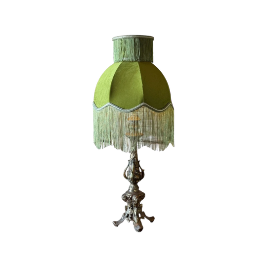 Vintage Cast Brass Table Lamp with Fringed Velvet Shade