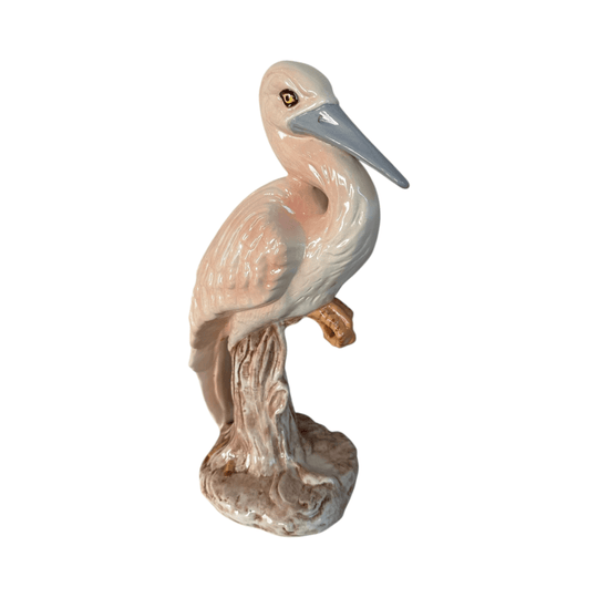 Vintage Ceramic Heron Sculpture | Large Gloss Glazed Wading Bird Figurine | Coastal Regency Decor in Blush Pink & Ivory