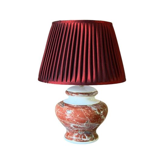 Vintage Ceramic Table Lamp with Red Satin Shade - Made in Italy