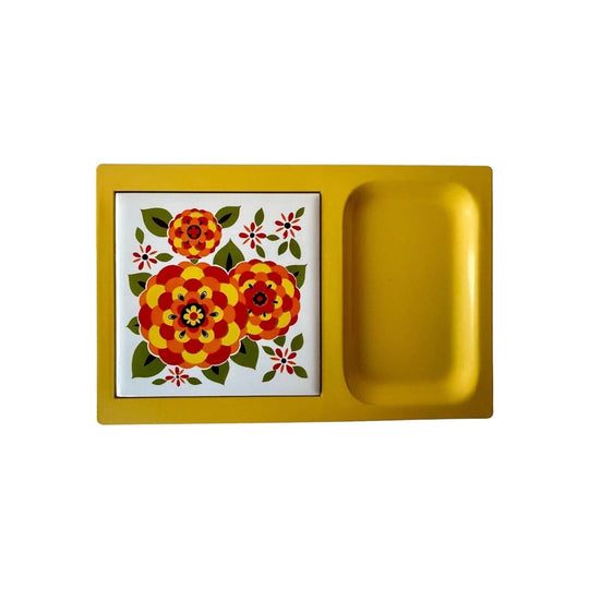 Vintage CHERRY yellow flowers ceramic tile cheese board trivet JAPAN 1970's