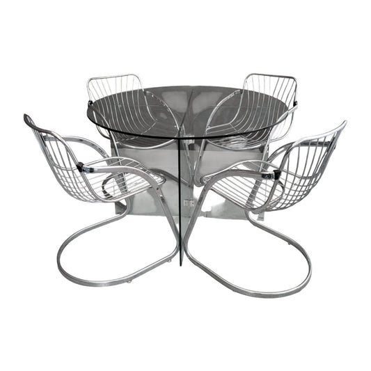 Vintage Chrome Cantilever Gastone Rinaldi Style Chairs with Glass Pedestal Table | Bazaa | Designer, Vintage and Antique Furniture