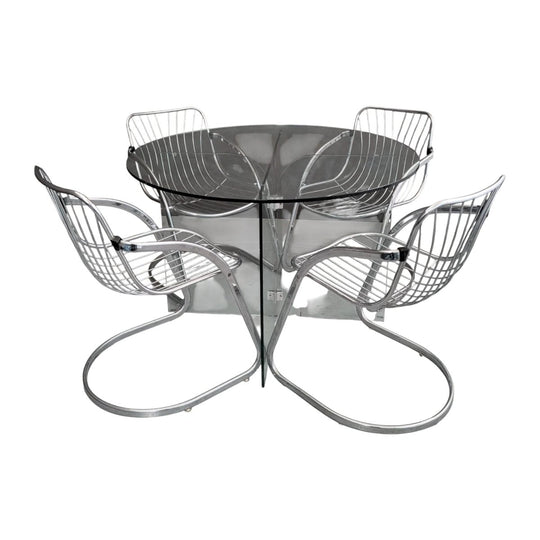 Vintage Chrome Cantilever Gastone Rinaldi Style Chairs with Glass Pedestal Table
