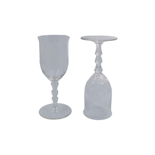 Vintage Crystal - "Stacked" beaded stemmed cordial glass with etched flower/leaf design. Liqueur glasses. Set of 2