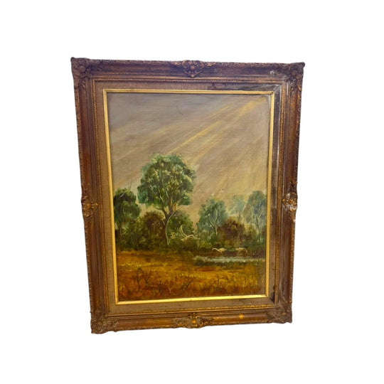 Vintage Curations Oil on Canvas Landscape Painting - Signed Joh Joh in Ornate Gilt Frame
