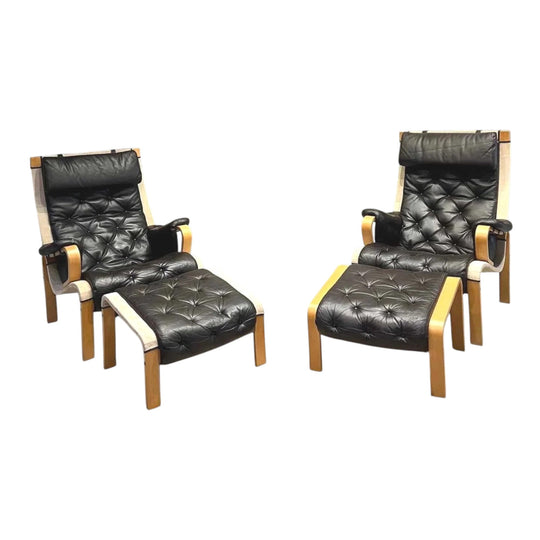 Vintage Danish Highback Lounge Chairs and Footstools