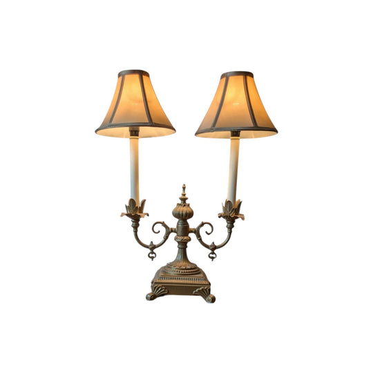 Vintage Double-Arm Lamp | Ornate Cast Metal with Pleated Shades