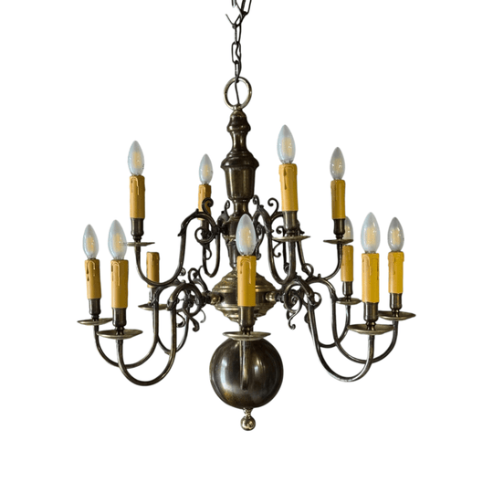 Vintage Dutch Twelve Arm Scrolling Brass Chandelier