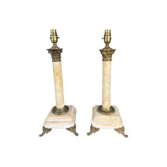 Vintage earlier 20th century Italian / French Pair of Alabaster and Brass Lamps.