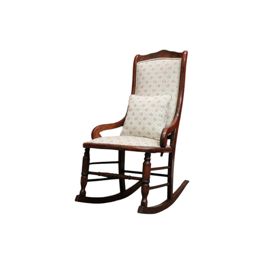 Vintage English Mahogany, Cream fabric with rose Floral detail Lades Rocking Chair.