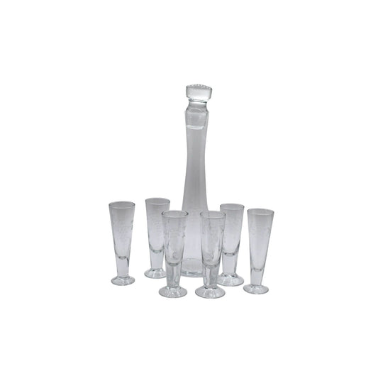 Vintage etched Grape mofit Blown Glass Decanter w/stopper and 6 footed shot glasses.