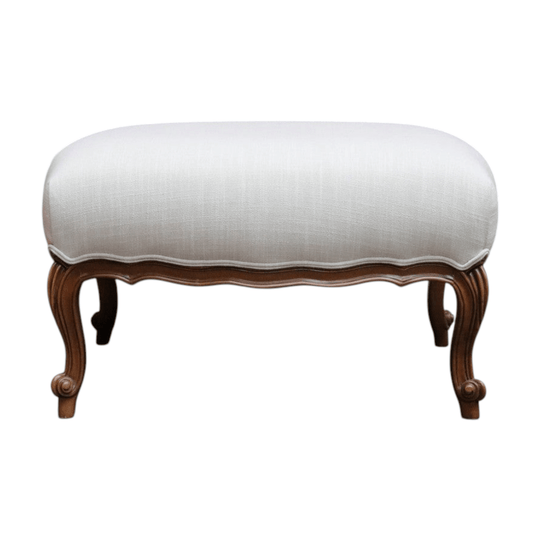 Vintage European Walnut Upholstered Footstool Ottoman, Linen Fabric