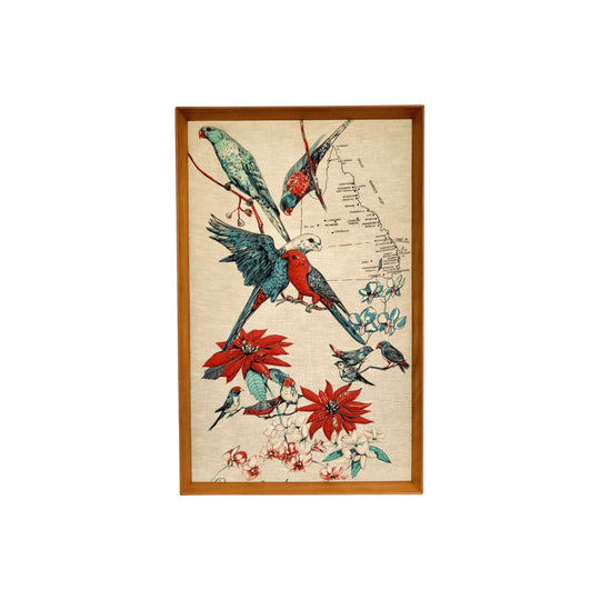 Vintage Framed Australian Birds & Flora Textile Art - Queensland Map