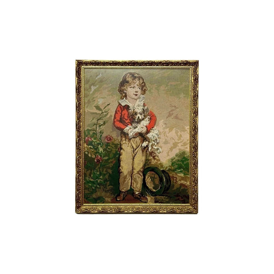 Vintage Framed Cross-Stitch Artwork of Boy & Puppy