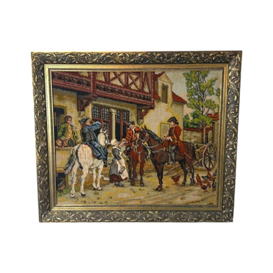 Vintage Framed Needlepoint Wall Art - Equestrian Hunt Scene