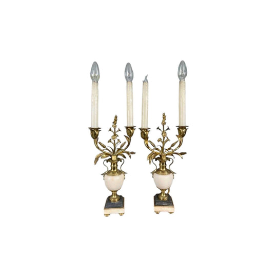 Vintage French 1920s or 30s Alabaster and gilt brass Candelabra / Garnitures.