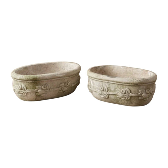 Vintage French Carved Concrete Planters - Oval Lemon & Leaf Decor
