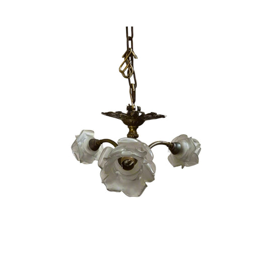 Vintage French Chandelier - Glass Tulips, Brass, Late 19th Century