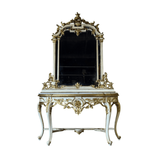 Vintage French Louis XV Revival Marble Top Console Table with Mirror