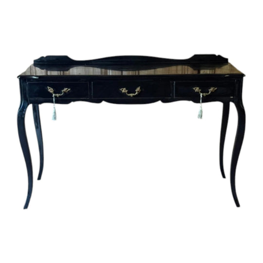 Vintage French Louis XV Style Black Lacquered Writing Desk