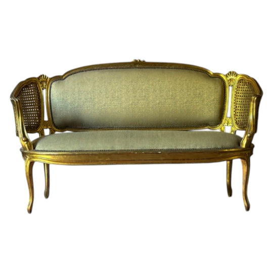 Vintage French Louis XV Style Giltwood Salon Settee with Cane Sides