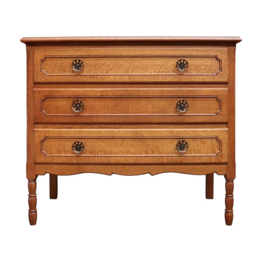 Vintage French Oak 3-Drawer Chest of Drawers with Original Brass Handles, France, c. 1940