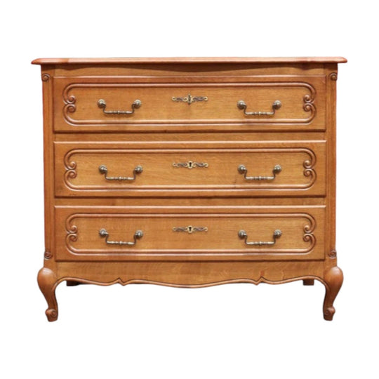 Vintage French Oak Chest of Drawers Three Drawer with Carved Detail.