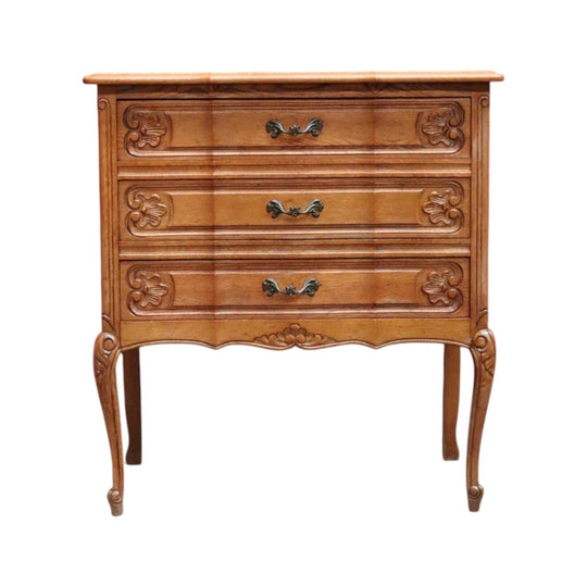 Vintage French Oak Three-Drawer Chest with Carved Fronts, Cast Metal Handles and Slender Legs