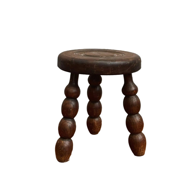Vintage French Provincial Beechwood Milking Stool with Turned Bobbin Legs