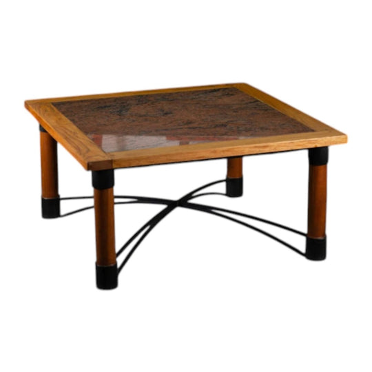 Vintage French Provincial Coffee Table in Solid Timber with Wrought Iron Detailing and Faux Marble Top