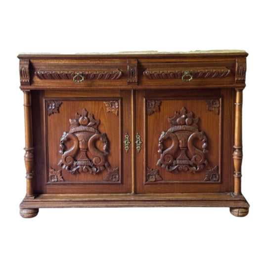 Vintage French Provincial Revival Carved Timber Sideboard with Marble Top, circa 1950s
