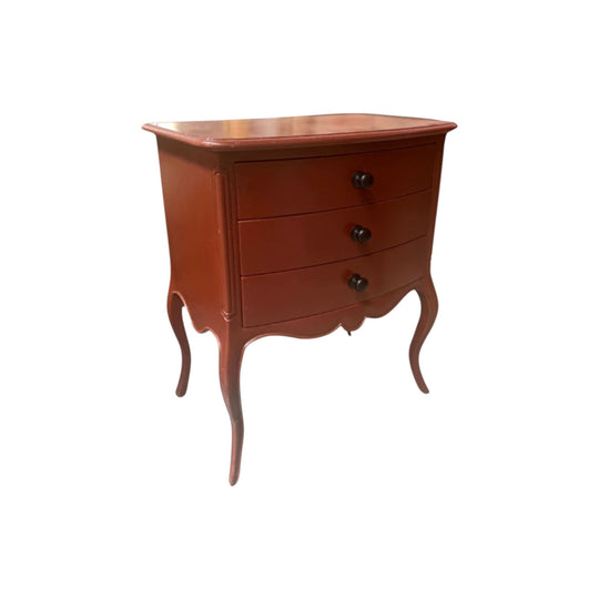 Vintage French Red painted bedside table with 3 front drawers from Provence.