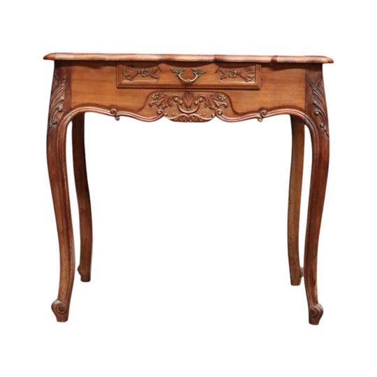 Vintage French Walnut Single-Drawer Side, Hall or Lamp Table with Carved Floral Detailing, c.1940 (B12754)