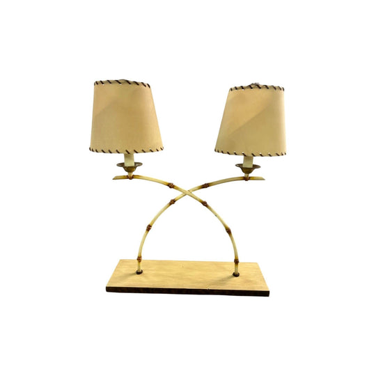 Vintage French wrought iron bamboo Art Deco double shade table lamp FRANCE 1960's