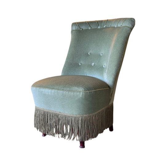 Vintage French-Inspired Boudoir Chair in Original Sage Green Velvet with Bullion Fringe
