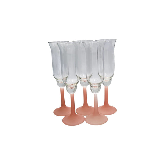 Vintage Frosted Pink Stemmed Tulip Shaped Champagne Flutes
