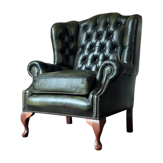 Vintage Green Leather Chesterfield Wingback Armchair By Gascoigne