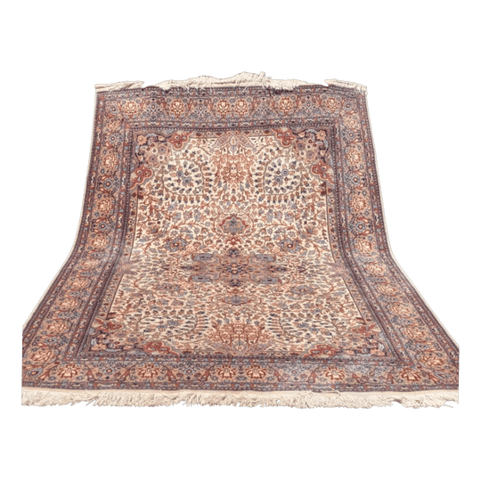 Vintage Hand Knotted Persian Kashan Wool Rug in Ivory and Terracotta