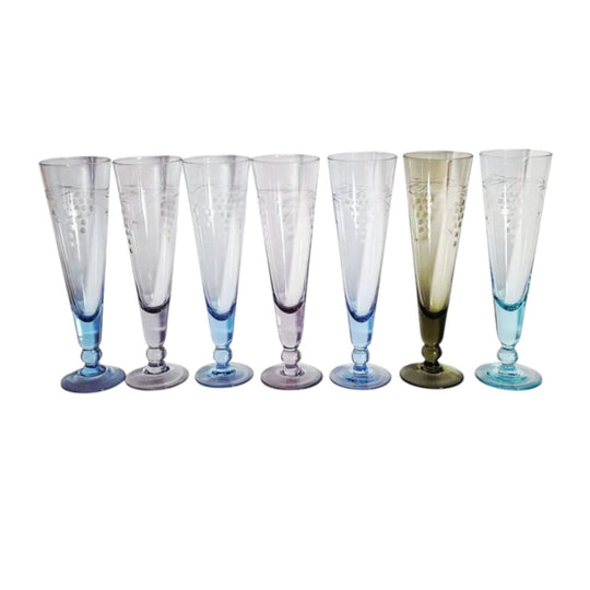 Vintage Harlequin Etched Parfait/Champagne Glasses. Set of 7
