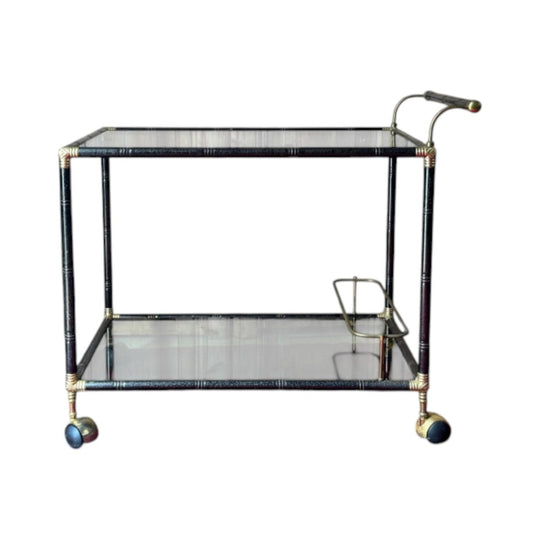Vintage Hollywood Regency Style Two-Tier Drinks Trolley with Smoky Glass and Faux Bamboo Frame